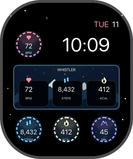 Whistler, a Chronoix watch face showing heart rate, steps and calories