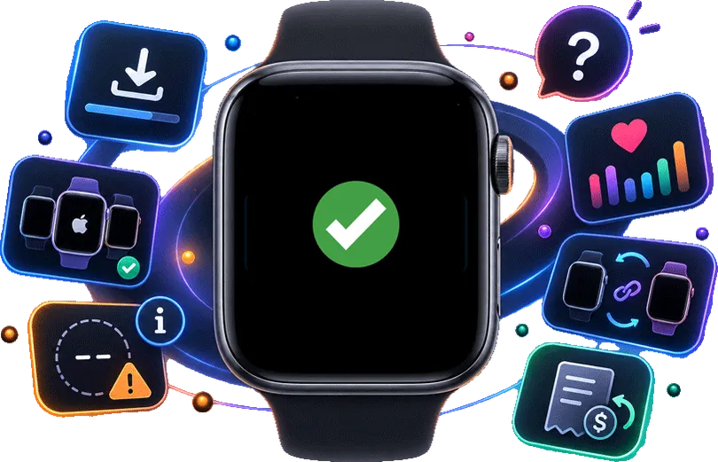 An Apple Watch showing a green tick, surrounded by icons for installing, pairing, compatibility, health data, refunds and support