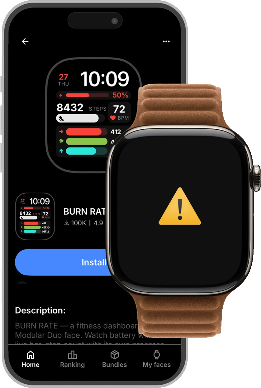 An iPhone showing a dial ready to install, next to an Apple Watch with a blank face and a warning sign